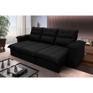 Sofá Retrátil/Reclinável Verona 2,30M Suede Velut Preto com Molas No Assento - King House