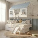 Ver imagem 2 de Treliche Casal/ Solteiro Casinha Encantada com Kit Escada/ Escorregador Madeira Maciça Branco/ Azul