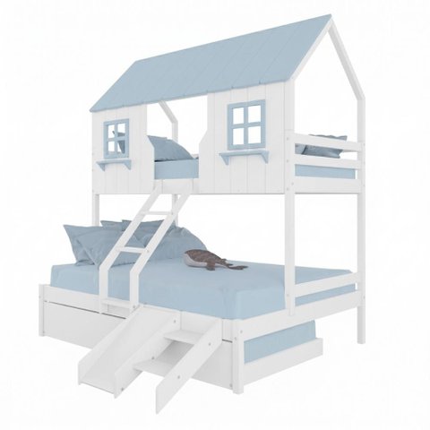 Treliche Casal/ Solteiro Casinha Encantada com Kit Escada/ Escorregador Madeira Maciça Branco/ Azul