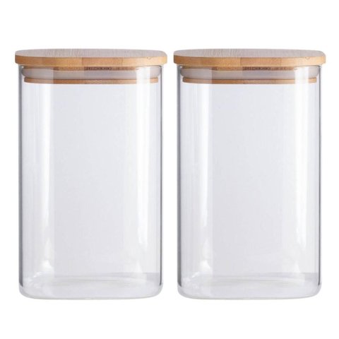 Kit 2 Potes de Vidro Hermético 1100ml Tampa Bambu Quadrado Oikos Borea Cozinha Mantimentos Temperos