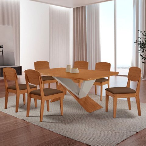 Mesa de Jantar Yasmin 180 Tampo Mdf Laminado Canto Copo e 6 Cadeiras Copper