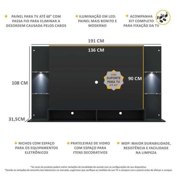 Painel com Suporte TV até 60 Polegadas e 2 LEDs Prateleiras de Vidro Vegas Multimóveis Preto - 4