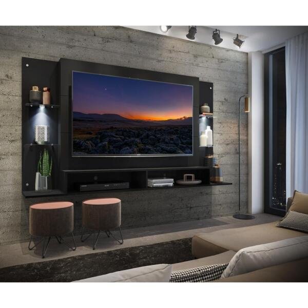 Painel com Suporte TV até 60 Polegadas e 2 LEDs Prateleiras de Vidro Vegas Multimóveis Preto - 8