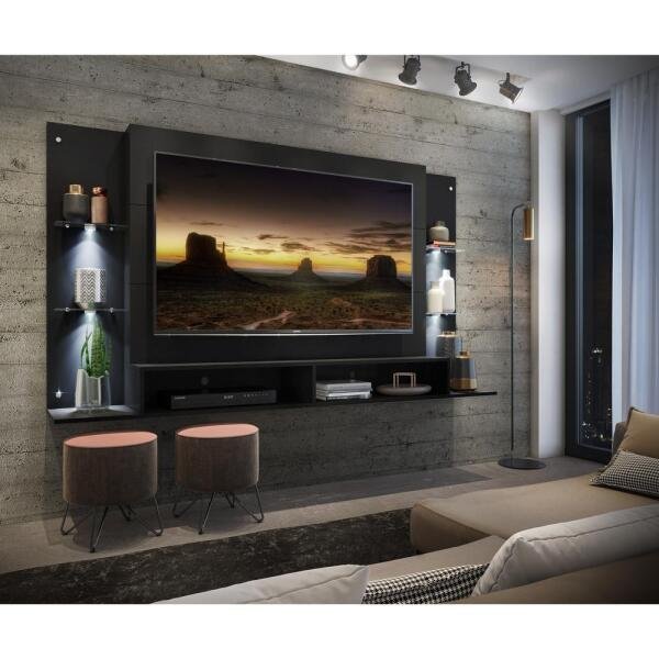 Painel com Suporte TV até 60 Polegadas e 4 Leds Prateleiras de Vidro Vegas Multimóveis Preto - 8