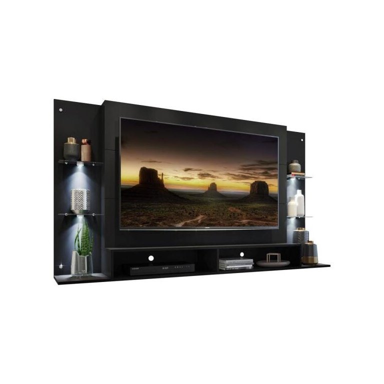 Painel com Suporte TV até 60 Polegadas e 4 Leds Prateleiras de Vidro Vegas Multimóveis Preto