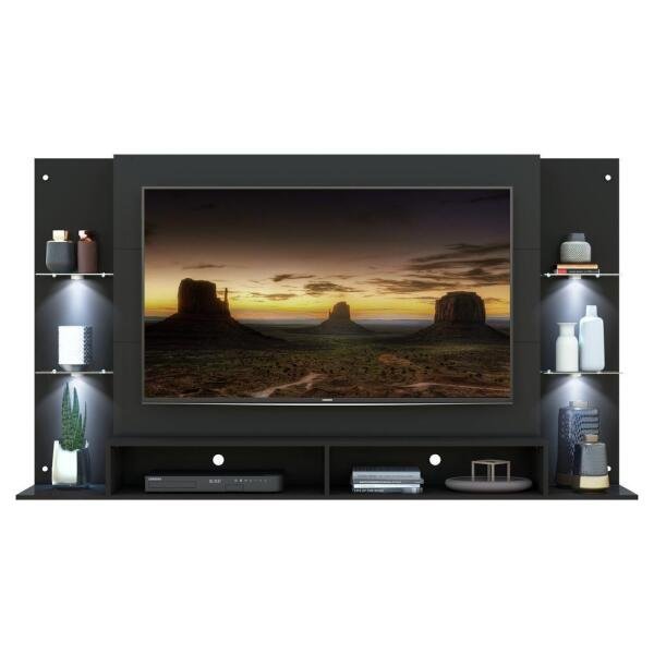 Painel com Suporte TV até 60 Polegadas e 4 Leds Prateleiras de Vidro Vegas Multimóveis Preto - 6