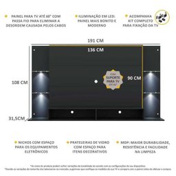 Painel com Suporte TV até 60 Polegadas e 4 Leds Prateleiras de Vidro Vegas Multimóveis Preto - 4