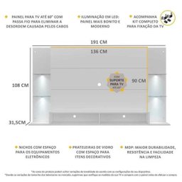 Painel com Suporte TV até 60 Polegadas e 4 LEDs Prateleiras de Vidro Vegas Multimóveis Branco - 4