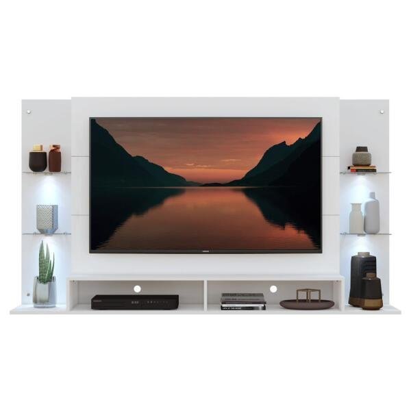 Painel com Suporte TV até 60 Polegadas e 4 LEDs Prateleiras de Vidro Vegas Multimóveis Branco - 6