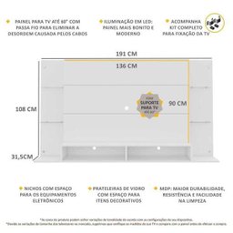 Painel com Suporte Tv até 60 Polegadas e 2 Leds Prateleiras de Vidro Vegas Multimóveis Branco - 4 Painel com Suporte Tv até 60 Polegadas e 2 Leds Prateleiras de Vidro Vegas Multimóveis Branco - 4