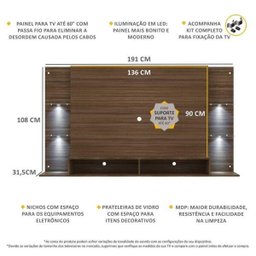 Painel com Suporte TV até 60 Polegadas e 4 LEDs Prateleiras de Vidro Vegas Multimóveis Madeirado - 4