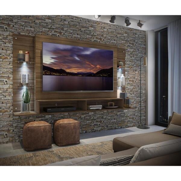 Painel com Suporte TV até 60 Polegadas e 4 LEDs Prateleiras de Vidro Vegas Multimóveis Madeirado - 8