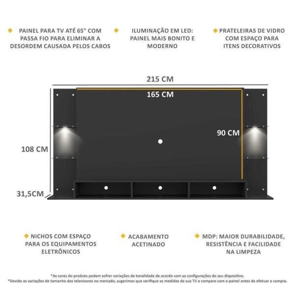 Painel TV 65 Polegadas com 2 Leds e Prateleiras de Vidro Vegas Premium ...
