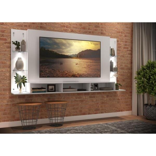 Painel TV 65 Polegadas com 4 LEDs e Prateleiras de Vidro Vegas Premium Multimóveis Branco - 8