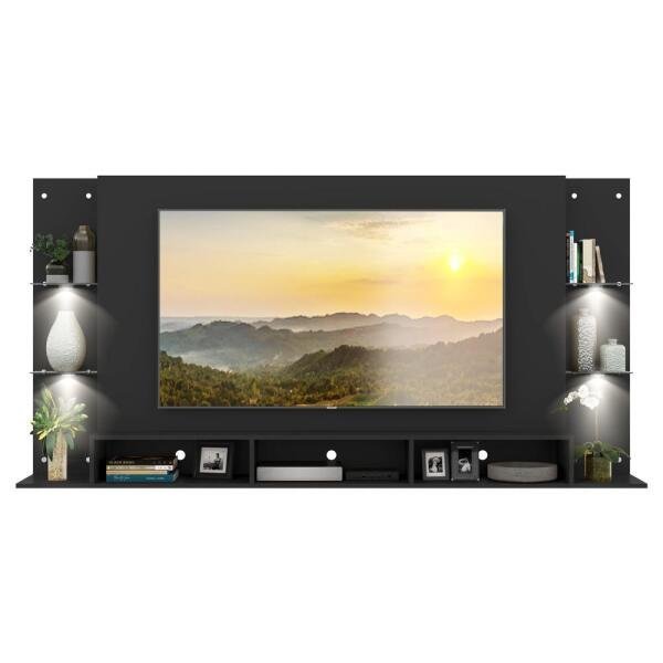 Painel TV 65 Polegadas com 4 LEDs e Prateleiras de Vidro Vegas Premium Multimóveis Preto - 6