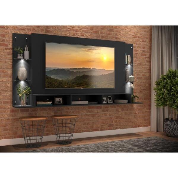 Painel TV 65 Polegadas com 4 LEDs e Prateleiras de Vidro Vegas Premium Multimóveis Preto - 8