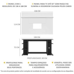 Mesa Gamer com Painel TV 55 Polegadas e Prateleira Guilda Plus Multimóveis Preto/Branco - 3