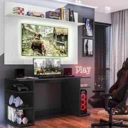 Mesa Gamer com Painel TV 55 Polegadas e Prateleira Guilda Plus Multimóveis Preto/Branco - 1