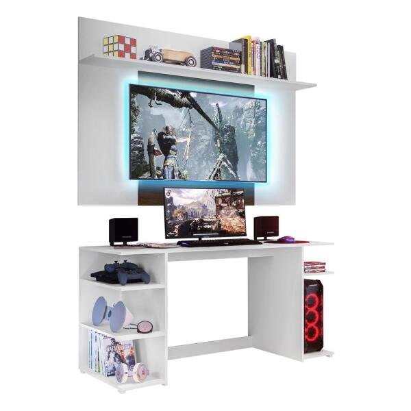 Mesa Gamer com Painel TV 55 Polegadas e Prateleira Guilda Plus Multimóveis Branco/Madeirado - 2
