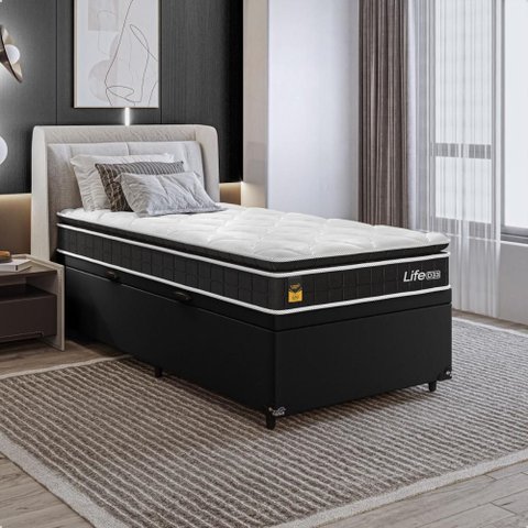 Cama Box Baú Solteiro Couro Preto + Colchão Life D33 Pillow Top 61x88x188cm Preto - e-Shop Casa