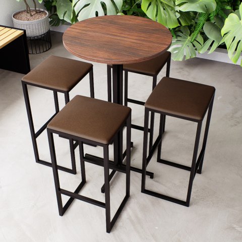 Conjunto Mesa Alta Bar Bistrô Redonda Imbuia 4 Bancos Estofado Don Castro Decor