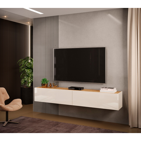 Rack para TV 180cm Suspenso com 2 Portas Bancada Future Branco/Nature Peternella