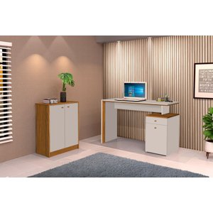 Conjunto e 1 Mesa Escrivaninha e 1 Armário Balcão Office Escritório Offwhite com Nature- Rede Móvei