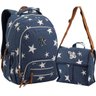 Kit Conjunto Mochila Feminina Escolar Juvenil Impermeável Grande Estrela Costas Azul + Lancheira T - - 1