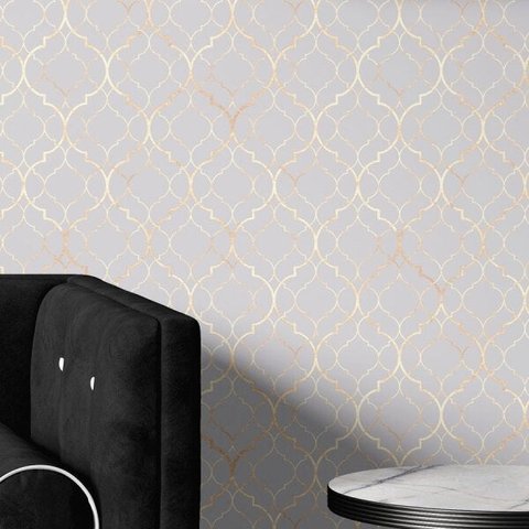 Papel De Parede Adesivo Clássico Marrocos Cinza Com Detalhes Bege Para Quartos e Sala