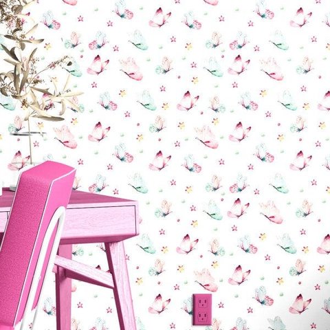 Papel De Parede Para Quarto Infantil Com Borboletas Em Tons aquarela De Rosa E Azul
