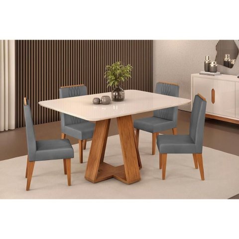 Sala de Jantar Completa Celeste C/ Tampo Madeirado C/ Vidro Curvo 120x90cm e 4 Cadeiras Lia Freijo/