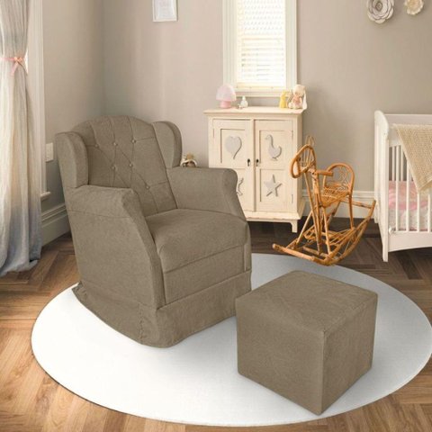 Poltrona Amamentação Cadeira Reforçada Balanço Puff Suede Cor:bege Escuro
