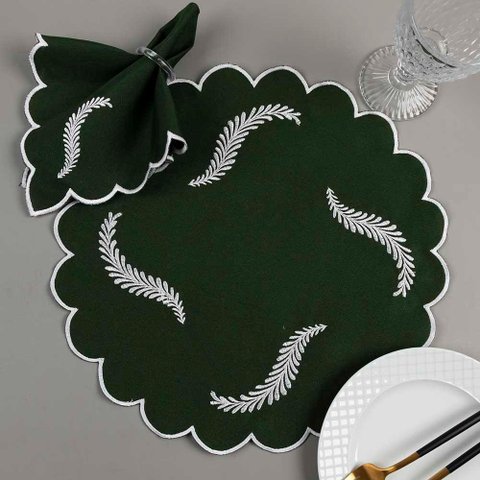 Kit 12 Jogos Americanos Guardanapos de Mesa Redondo Bordado Arabela - Verde