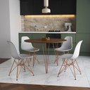 Ver imagem 1 de Mesa Jantar Redonda 110cm Amêndoa Clips 3 Pés com 4 Cadeiras Eames Eiffel Brancas Base Cobre