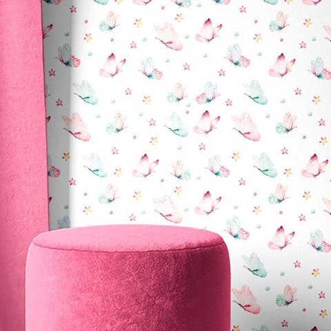 Papel De parede Para Quarto Infantil Com Borboletas Em Tons aquarela De Rosa E Azul