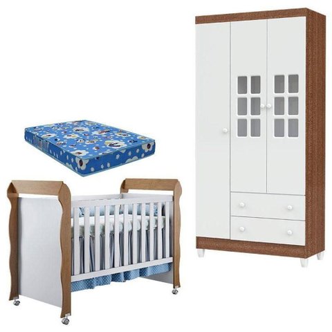 Berço Mirelle e Guarda Roupa Mariah 3 Portas Branco Acetinado Amadeirado com Colchão – Carolina