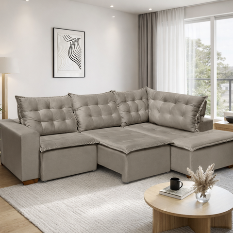 Sofá de Canto 5 Lugares Vitoria 270cm Retrátil e Reclinável com Tecido Veludo Nobre Sofatec