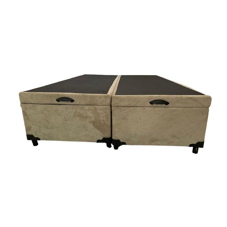 Cama Box Baú King Bipartido Suede Bege Com Pistão A Gás
