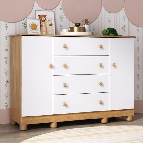 Cômoda Infantil 125cm 2 Portas e 4 Gavetas Allegra Multimóveis Mp4445 Madeirado/branco
