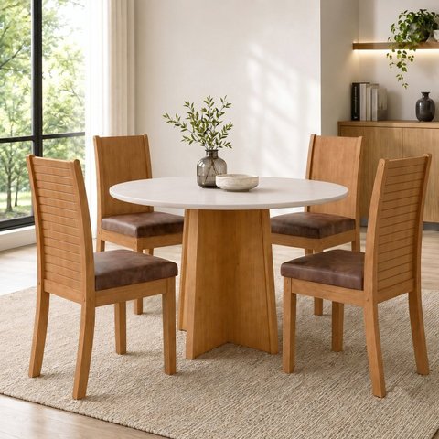 Conjunto Sala de Jantar 4 Lugares Redonda Tampo MDF Mesa Celebrare e Cadeiras Athenas Marrom Amêndoa Clean/Off White/Avelã