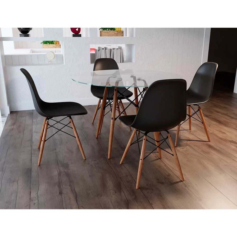 Ver imagem 1 de Conjunto De Mesa De Jantar Eames Eiffel Redonda 110cm Tampo De Vidro Com 4 Cadeiras Pretas