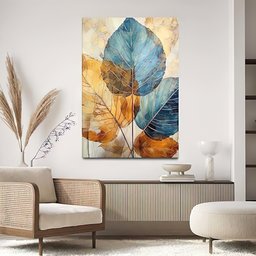 Quadros Decorativos para Sala de Jantar Quarto Hall Folhas Clean Azul Dourado Quadro - 2