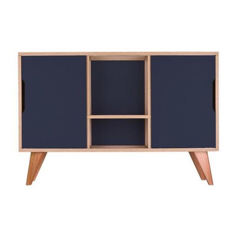 Buffet Aparador Retrô com 2 Portas Murano Carvalho e Azul Marinho