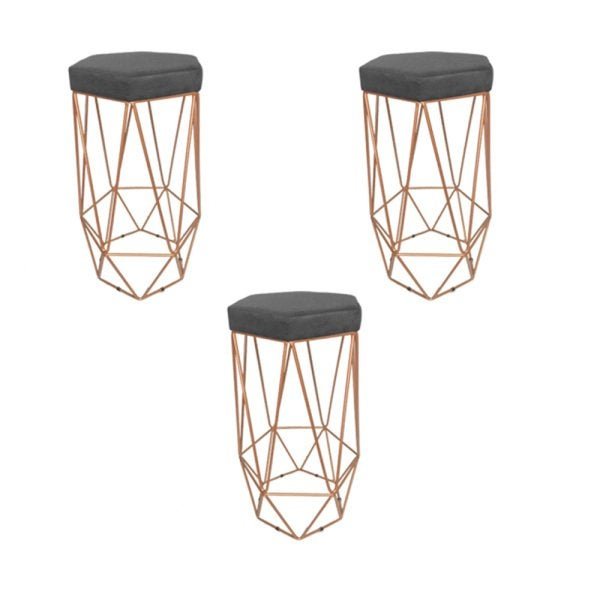 Banqueta Decorativa Hexagonal Aramado Bronze Suede Kit com 3 Remi Móveis - Cinza - 1