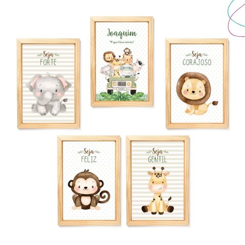 Kit 5 Quadros Decorativos Safari Baby Aquarela Bege Moldura:pinus