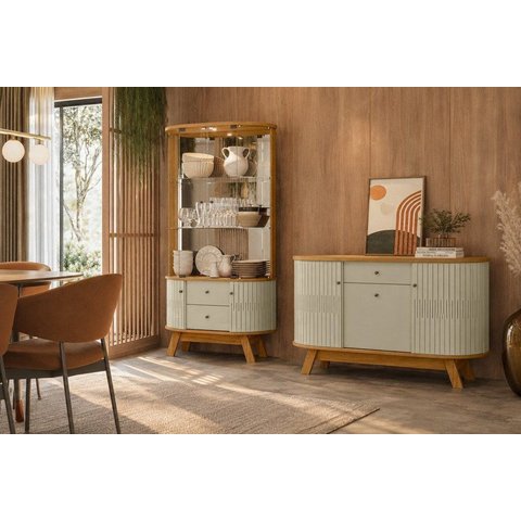Conjunto Buffet Monza Cristaleira Moss com Porta em MDF Curvo e LED Cumaru/Opala