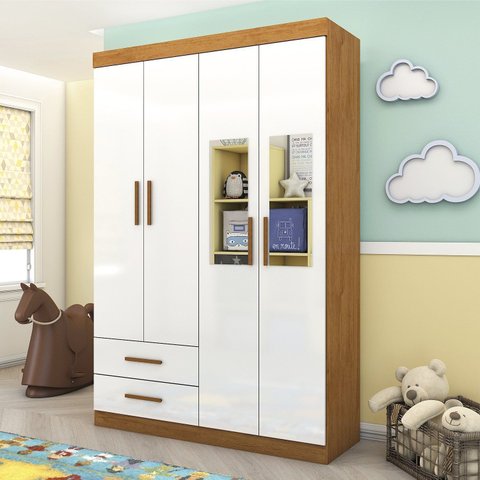 Guarda-Roupa Infantil 4 Portas 2 Gavetas com Espelho Branco/Cinamomo