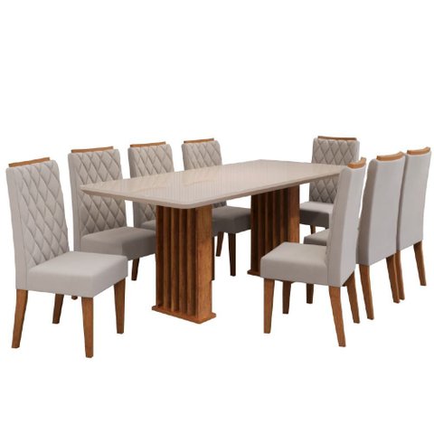 Conjunto de Mesa Sala de Jantar Tampo com Vidro Mond 2m 8 Cadeiras Bele Veludo Viero