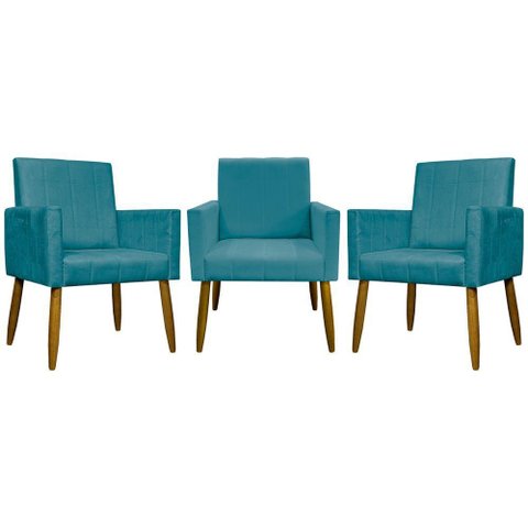 Kit 3 Poltronas Decorativas Confortáveis Mari - Azul-turquesa Suede
