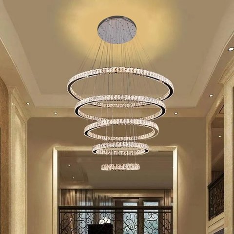 Lustre Pendente 5 Anéis Cristal Led 320W 3000K Bivolt